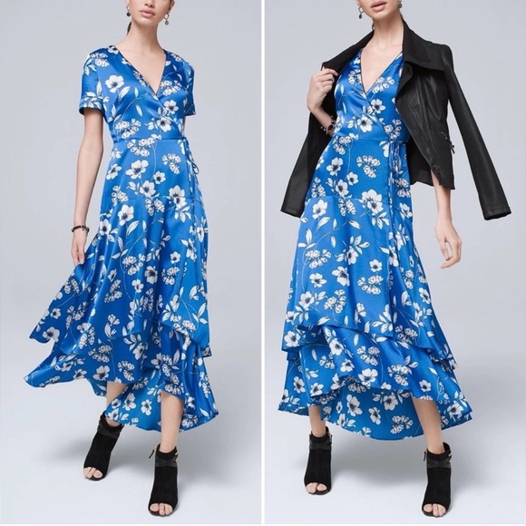 White House Black Market Satin Floral Print Faux Wrap Midi Dress Lined size 0 - Picture 2 of 12